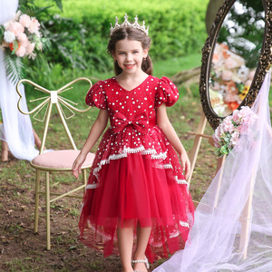 Vestido de Princesa Rojo con Puntos para Niñas, Cuello en V, Falda de Tul, Vestido de Dama de Honor con Corte en A y Ribete de Encaje - Product Image 2