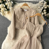 Ensemble 2 pièces pour femmes, veste courte en cardigan avec bretelles et robe en tulle à mailles, Sehe Fashion
