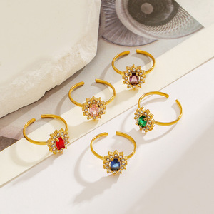Fashion <b>Rings</b> Gold Plated <b>Open</b> Design Flower Shape Colorful Zircon Inlay Unisex Jewelry Gift - Product Image 1