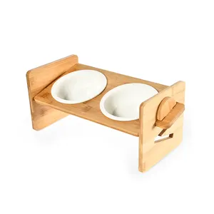 Adjustable Bamboo Raised Elevated Pet Dog Cat Bowls Food And Water Stand Feeder