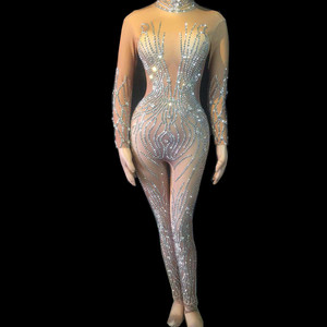Costume da <span class=keywords><strong>donna</strong></span> <span class=keywords><strong>Sexy</strong></span> Stretch Skinny Nude strass tuta intera Club Showgirl ballerina tuta corta abiti da palcoscenico - Product Image 2