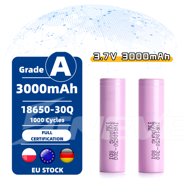 18650 3.7V 3000mAh Rechargeable Lithium Ion Battery Cell 30Q 15A CE Certified 1000 Cycles for Scooter E-bike Laptop Toys Battery