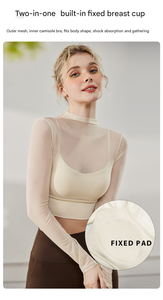 Yoga New See Through Fixed Pad Wide Hem Band Long Sleeved Crop Fitness Clothing Sports Outdoor Mesh <strong>Mock</strong> <strong>Neck</strong> Women's <strong>Top</strong> - Product Image 5