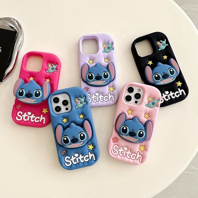 3D Cute Stitch Stand Silicone Mobile Phone Case for IPhone17 16 15 14 13 12 11 Pro Max Ring Cartoon Custom Shockproof Back Cover