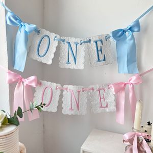 Bannière de chaise haute pour adulte PAFU en satin rose et bleu avec nœud, décoration pour fête de 1er anniversaire - Product Image 1