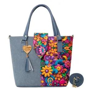 Bolso de Playa Fana para Mujer, Tamaño Mediano, de Yute Azul con Diseño Estampado y Bolsillo con Cremallera - Product Image 1
