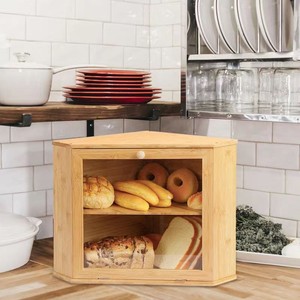 Caja de pan de bambú de doble capa, color madera natural, tapa abatible, estante de almacenamiento de cocina para pan, repostería y pasteles. - Product Image 1