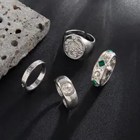 Grüner Legierungs-Crest-Ring-Set für Herren, Gold/Silberfarben, gravierte Bänder, Punk-Eheringe, Hip-Hop-Geschenk
