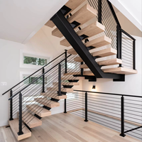 Escalier droit CBMmart Mono Beam en chêne blanc américain massif avec marches en bois et garde-corps en câble d'acier inoxydable