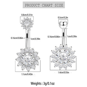 Elegante Juego de Anillos para Ombligo de Acero Inoxidable para Mujer, Diseño de Flor con Piedra Natural, Joyería Plateada para Piercing Corporal - Product Image 2