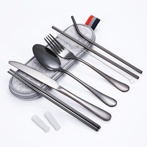Kunden spezifisches Logo Reise utensilien Wieder verwendbares tragbares Reisebesteck-Set 7-teilig inklusive Messer gabel Löffel Essstäbchen Stroh bürste - Product Image 4