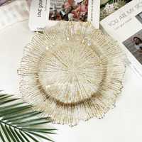 Assiettes de présentation en plastique PP transparentes à bords dorés, motif feuille de lotus, pour mariages, hôtels, fêtes, décoratives, luxe, plateaux à fruits