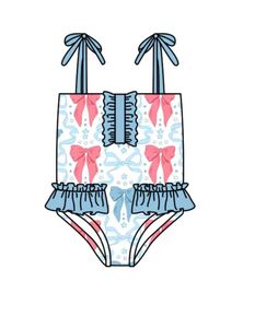 S0741 Traje de Baño Personalizado para Niña Pequeña, con Estampado de Lazos Rosa y Azul, Venta al por Mayor, Traje de Baño de 2 Piezas sin Mangas - Product Image 2