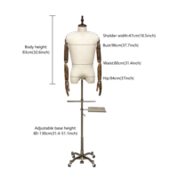 Mannequin homme en fibre de verre pour le haut du corps, avec bras en bois, tissu en lin beige, base à poulies croisées, pose debout, pour vêtements