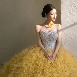 Yellow Strapless Tulle Ball Gown Sweetheart Neckline Empire Waist Wedding Dress Candy Color Haute Couture Princess Style - Product Image 3