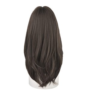 OUSHA-Peluca larga y recta de <span class=keywords><strong>25</strong></span> pulgadas con flequillo, peluca de color marrón frío, resistente al calor, pelucas sintéticas en capas para mujer - Product Image 3