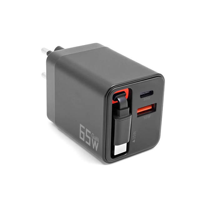 65W GaN USB C Charger Block with Retractable Type C Cable Dual Port Travel Fast Charging Adapter PD 3.0 Function for Laptop