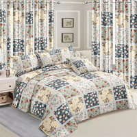 Housse de Couette Douce au Toucher Imprimée en 3D Style Patchwork avec Drap de Lit et Rideau Assorti