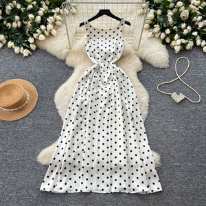 Abito lungo estivo sexy casual da donna con scollo a O, senza maniche, a vita alta, con stampa a pois e schiena scoperta - Product Image 1
