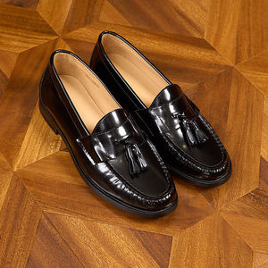 Mocassins en cuir véritable à pampilles style italien pour homme, chaussures de cérémonie à enfiler à bout rond pour mariage et conduite - Product Image 2