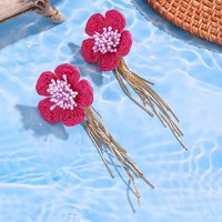 Anting-anting rotan bunga rumbai panjang liburan pantai musim panas wanita buatan tangan anyaman rafia berwarna
