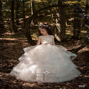 Floor Length Lace Tulle Keyhole Backless Wedding Flower Girl Dress Kids Party Dress