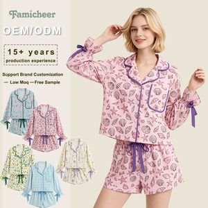 Elegant Bow Detail Ladies Family Sleepwear Set Long Sleeve Shirt Elastic Waist Shorts Breathable Cotton Fabric Casual Nightwear