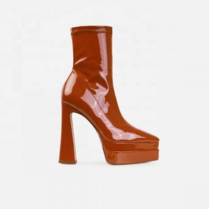 Custom Bright Patent Shoes Women's Daily Short <b>Block</b> High Heels Pointy Toe Shoes Double Platform Ankle Boots Side Zipper - Product Image 6