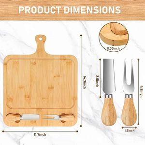 Bamboo <b>Cheese</b> Board With <b>Knife</b> And Fork <b>Set</b> Natural Wood Color Durable For Serving Deli And <b>Cheese</b> - Product Image 3
