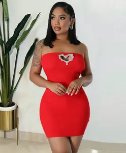 Valentine's Day Dress 2024 Rhinestone Heart Shape Hollow Out Bodycon Dresses Women Ribbed Sexy Club Party Strapless Mini