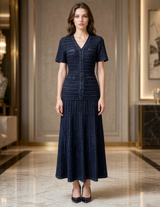 <span class=keywords><strong>Vestido</strong></span> Elegante de Punto con Botones y Cuello en V, Manga Corta, Personalizado al por Mayor - Product Image 1