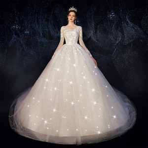 Summer Wedding Dress 2026 New Arrival Long Sleeve Mori Girl Style Dreamy Starry Sky Simple Popular Long Train Empire Waist - Product Image 3