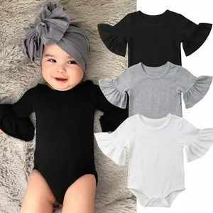 卸売 綿の服の幼児-夏の新生児の女の子の綿の服幼児幼児フレアスリーブソリッドロンパースジャンプスーツボディスーツ服の衣装0-24M