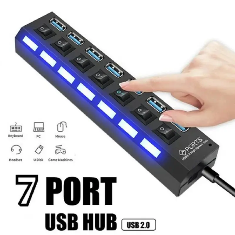 Adaptador USB de 7 puertos de alta velocidad, multipuerto 2,0, interruptor de encendido/apagado, divisor USB portátil para ordenador y portátil