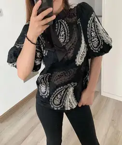 Blusa de manga larga de tul con lentejuelas para mujer, blusa Sexy de diseño a la moda para chica, ropa informal con bordado Anti cantidad para verano