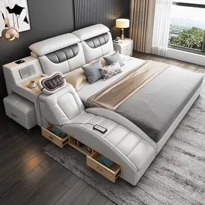 2023 Modernes Luxus-Smart-Bett Modernes Luxus-Multifunktion sbett aus echtem Leder mit Massage und kabellosem Musik-Player