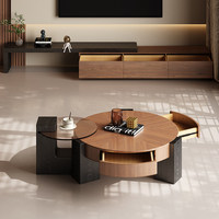 Luxuriöser Vintage Runder Couchtisch-Set für Wohnzimmer, Walnussfarben, Hochwertiges Design, Kleiner Beistelltisch