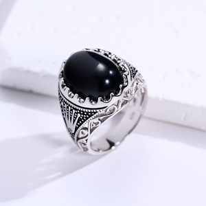 Anillo de Plata de Ley 925 para hombre con ónix negro Natural hecho a mano diseño de corona Vintage anillo de patrón personalizado chapado en rodio - Product Image 3