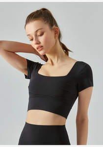 Wholesale Women Square Neck <b>Open</b> Back Yoga Crop Tops Stretch Short Sleeve Athletic T Shirts Built in <b>Bra</b> Gym Pilates Sports Tee - Product Image 2