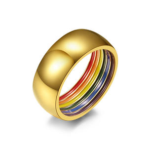 Unisex Rainbow Striped Titanium Steel <b>Ring</b> Gold Finish Daily Wear Fashion Jewelry - Product Image 1