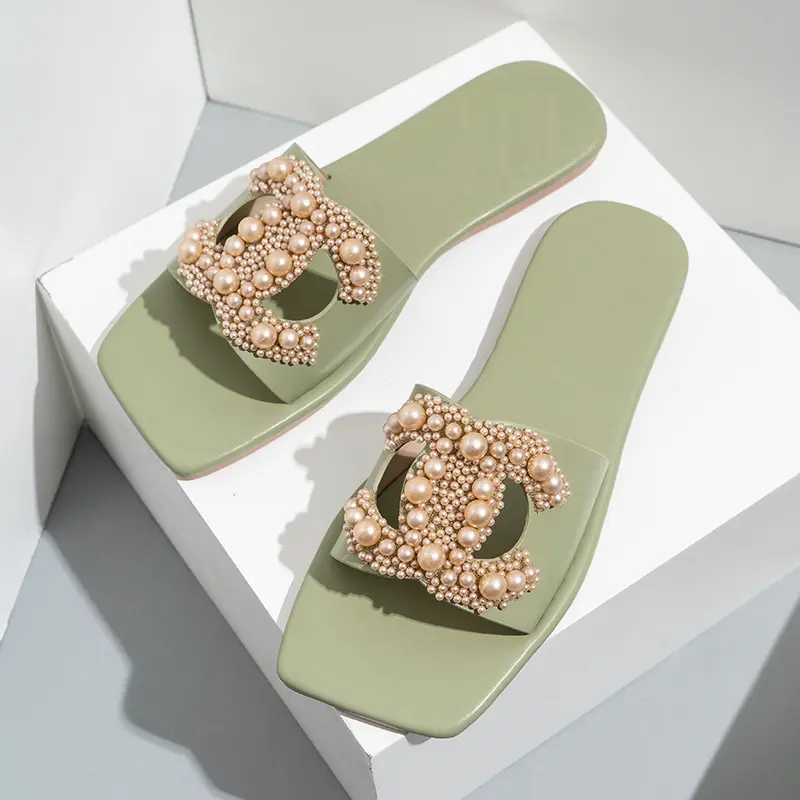 Women Flat Sandals 2022 Summer New Style Fashion Slippers Ladies Beaded Slippers