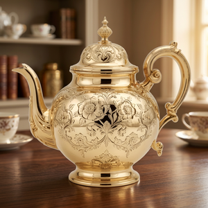Vintage Gold Metal Tea Pot With Lid And Handle Ornate Floral Design - Product Image 2
