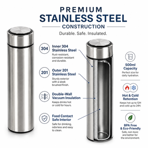 Mug de voyage isotherme à double paroi 500 ml, bouteille d'eau en acier inoxydable 304 avec couvercle, logo personnalisé pour cadeau promotionnel - Product Image 5