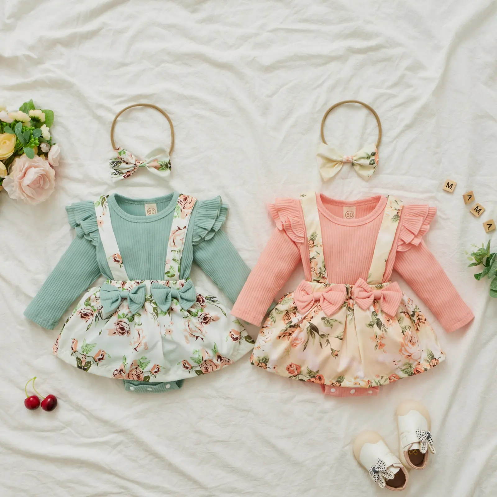 Abbigliamento per bambina set regalo neonato set di pagliaccetti per bebè a maniche lunghe autunnali a coste floreali