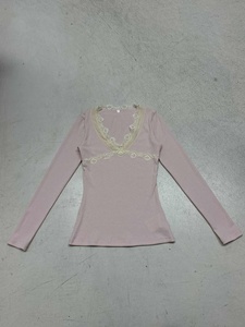 Blusa de Mujer con Cuello en V, Encaje, Ajustada, Tejida, Transpirable, Manga Larga, Estilo Y2K - Product Image 2