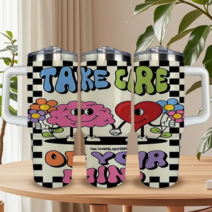 Gobelet isotherme 30oz « Soins de vous-même », Mug de voyage rétro à motif cérébral et cardiaque, Stock USA, Cadeau pour la sensibilisation à la santé mentale - Product Image 1