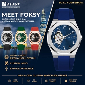 Orologio da Polso da <span class=keywords><strong>Uomo</strong></span> Musulmano Automatico in Silicone con Logo Personalizzato Colore Blu Speciale Quadrante Scheletrato e Numeri Arabi per Private Label - Product Image 1