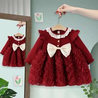 Robe à manches longues pour filles avec col en dentelle et volants, jupe florale 3D avec roses, grand nœud en satin, tenue de princesse élégante