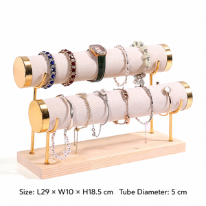 Présentoir à bijoux éco-responsable démontable à un niveau pour bracelets et colliers, base en bois, tube en métal doré et velours, pour comptoir - Vente chaude - Product Image 2