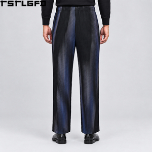 Pantalones Rectos Plisados Personalizados para Hombre, Degradado Negro Marino, Pliegues de Acordeón, Cintura Alta Elástica, Estilo Urbano Y2K, Venta al Por Mayor - Product Image 3